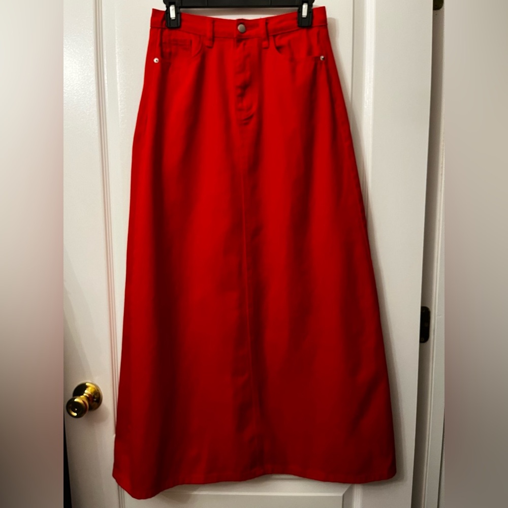 Red Colored Denim High Waist Maxi Skirt